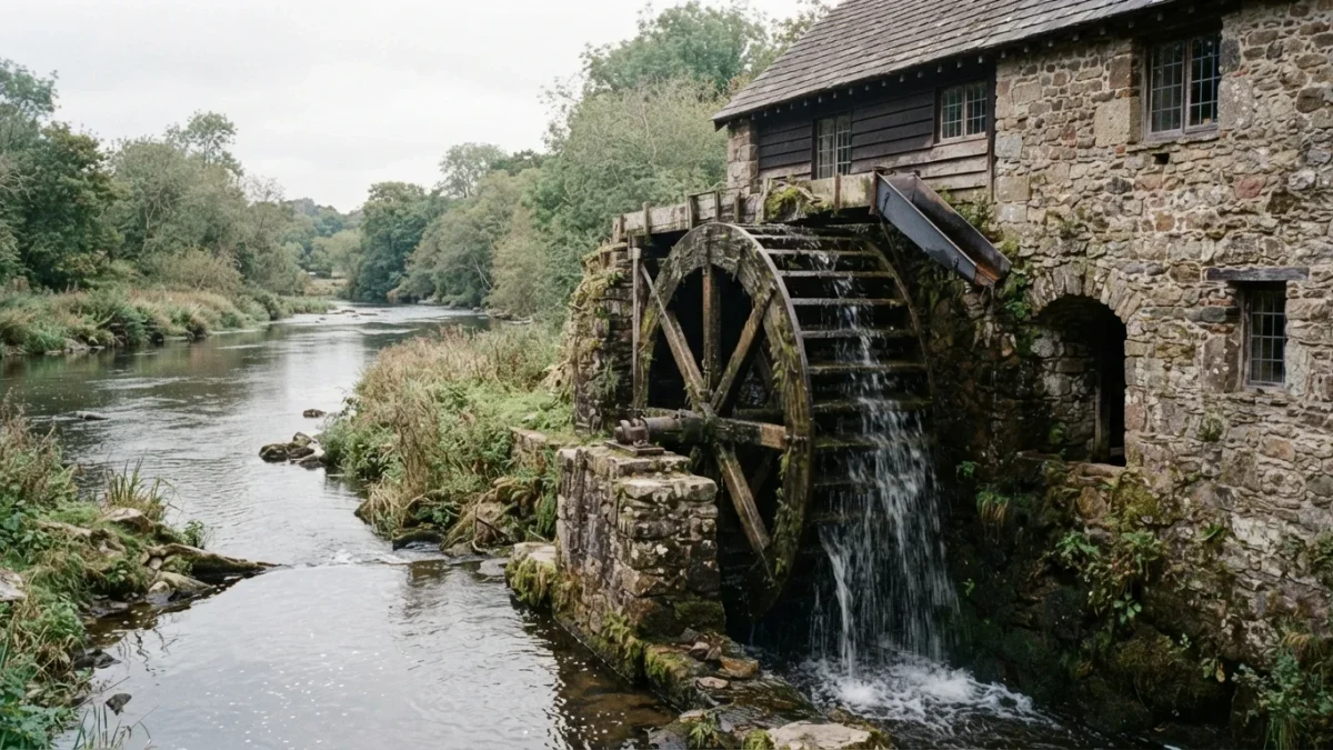 A working vintage waterwheel mill beside a steady river