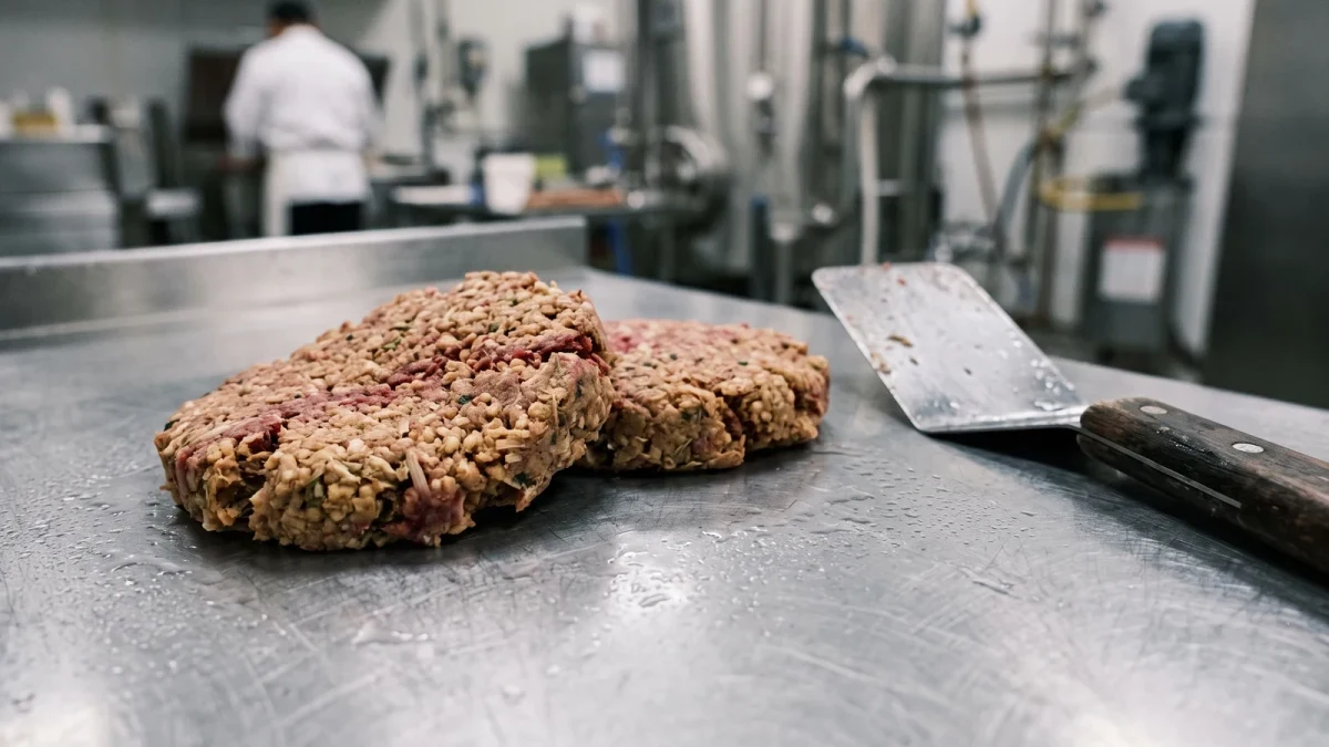 Plant-based patties moving along a stainless production line