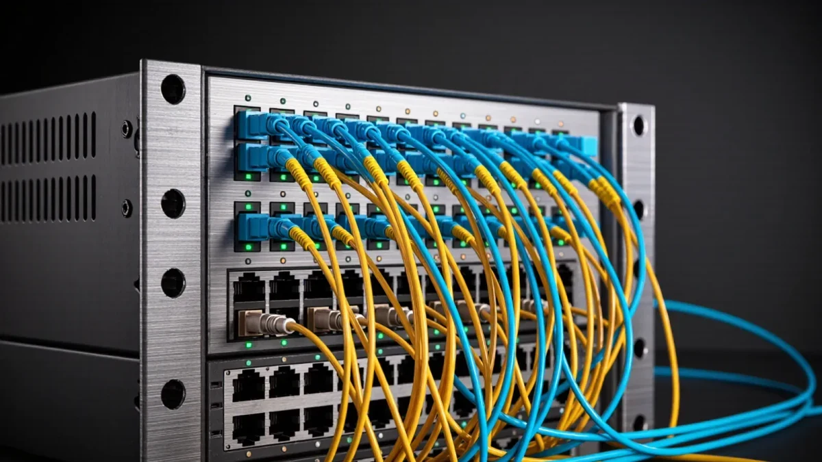 Close-up of fiber patch panel and school network switch LEDs
