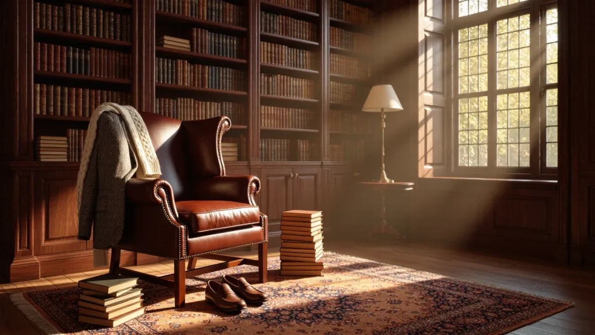 Country estate library with tailored clothes draped on chair