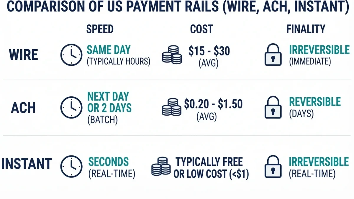 Editorial infographic comparing wire, ACH, and instant payment rails