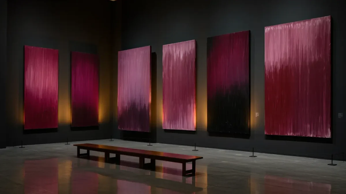 Empty dim gallery with large dark canvas panels in deep maroon and plum tones