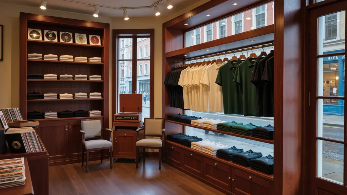 Empty heritage menswear store interior with knit polos and vinyl corner