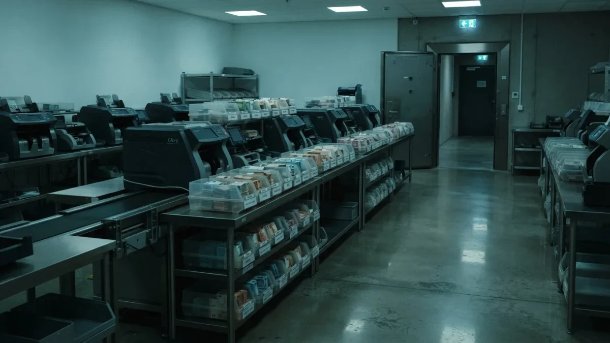 Empty bank cash-counting room with counting machines at night