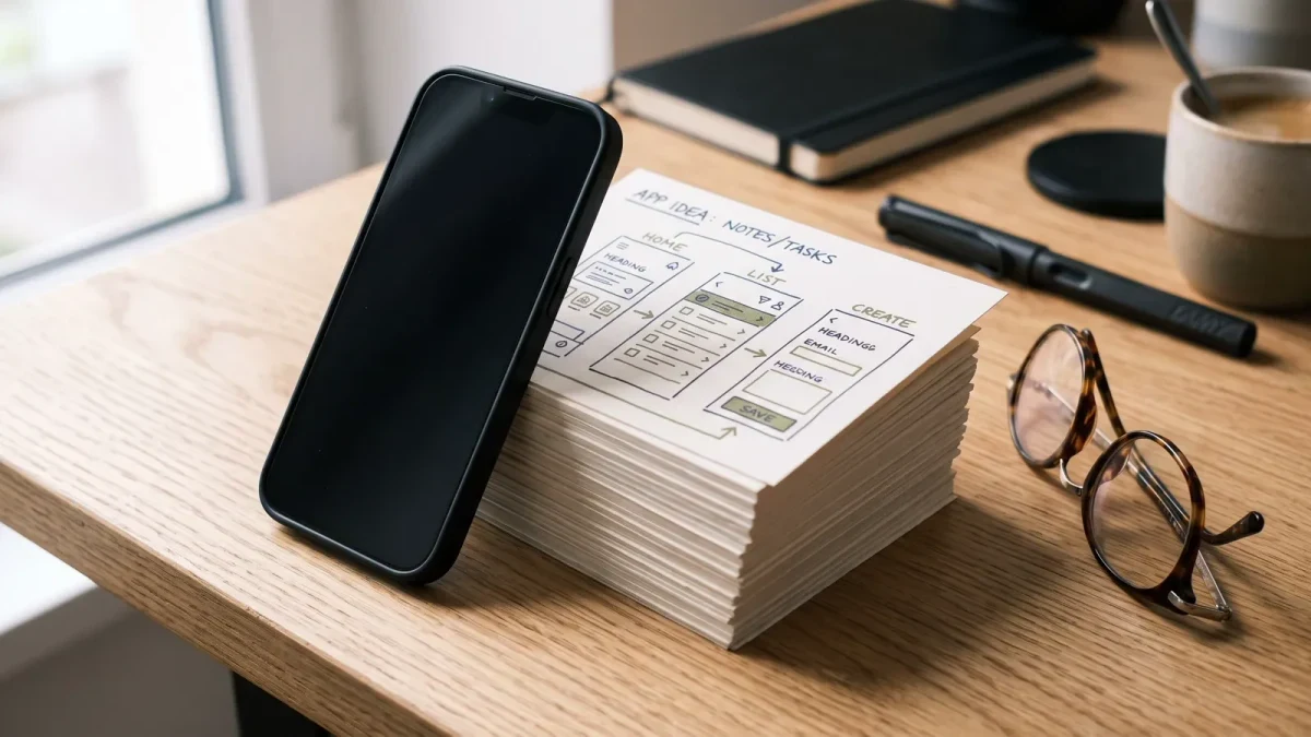 Phone with sketched app screens beside reading glasses on a wooden desk