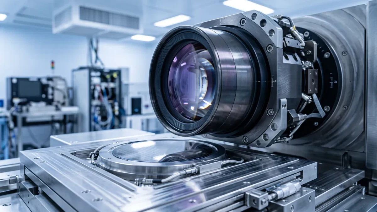 Close-up of a lithography machine component in a clean room tool bay