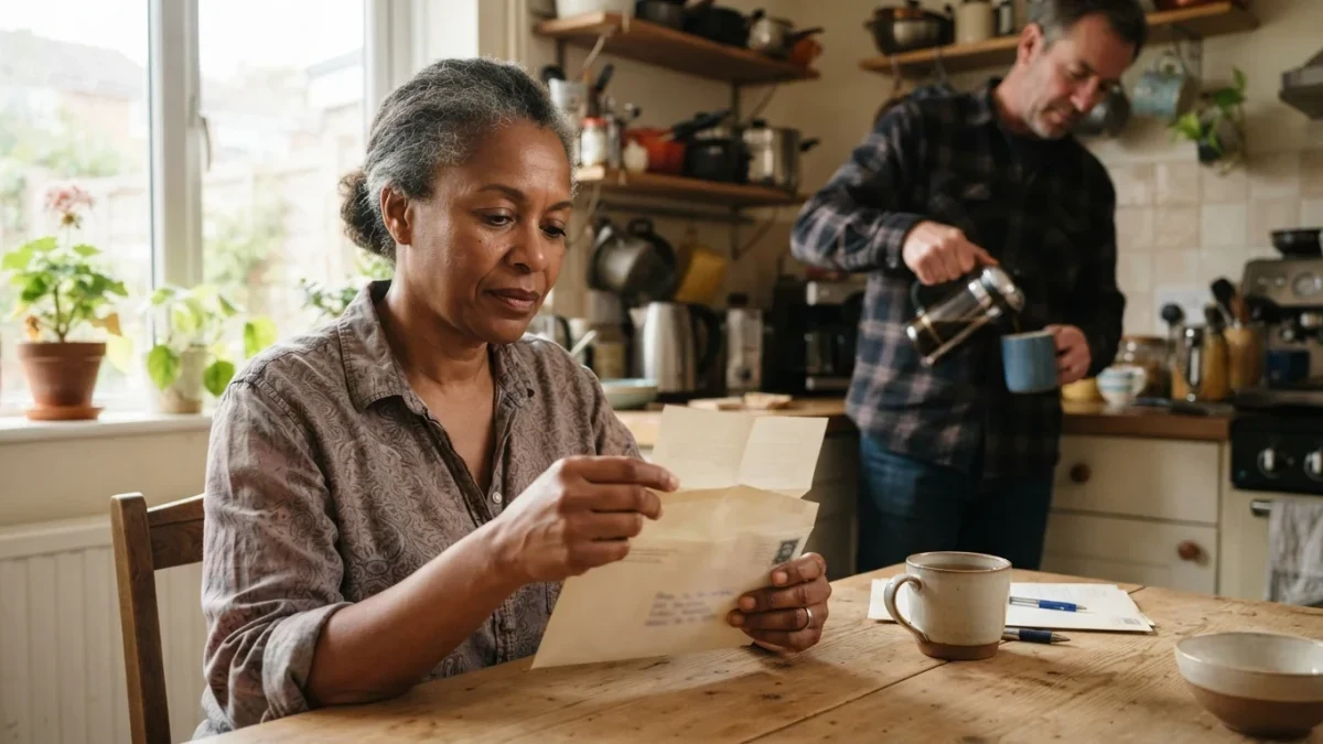 Woman opening an envelope at a kitchen table in daylight