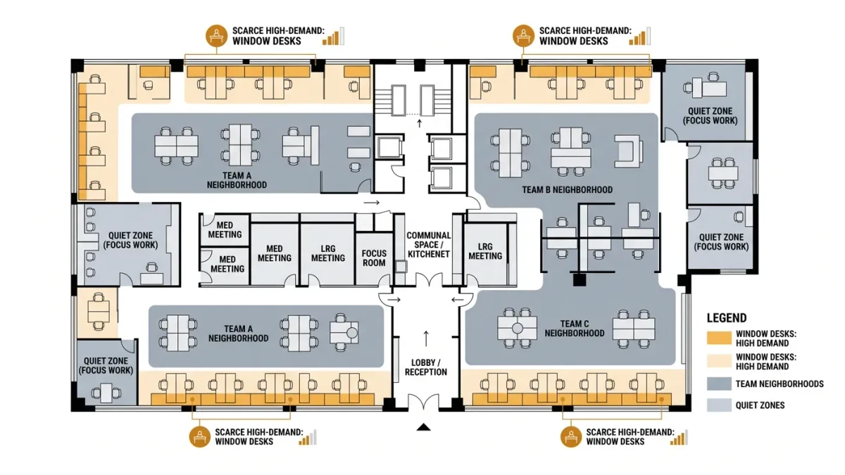 Infographic of office seat map showing zones and prime desk scarcity