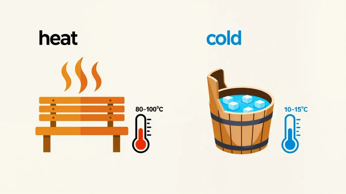 Split infographic comparing sauna heat and cold plunge temperatures