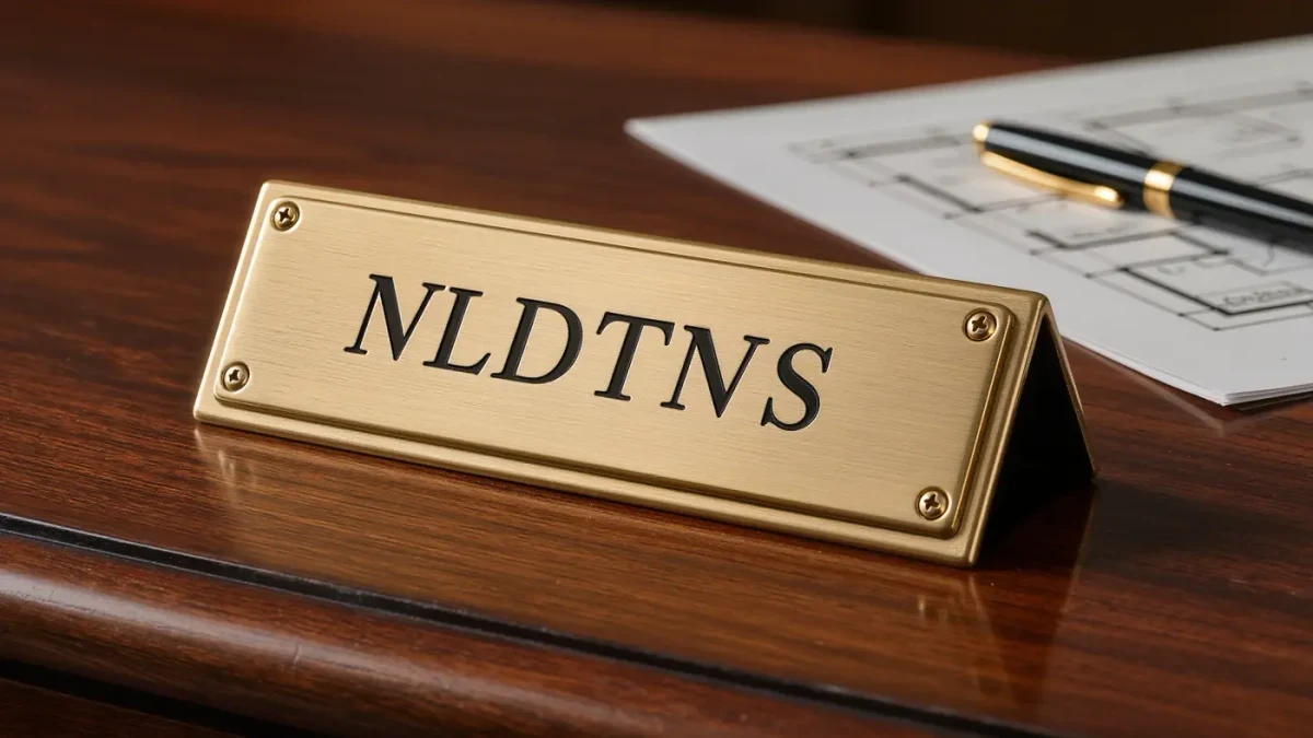 Engraved brass nameplate on a museum director's wooden desk, close up