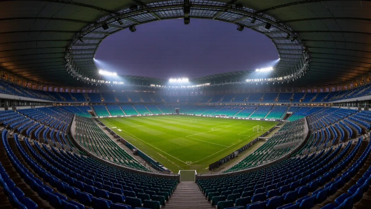 Empty floodlit stadium at night seen from the stands