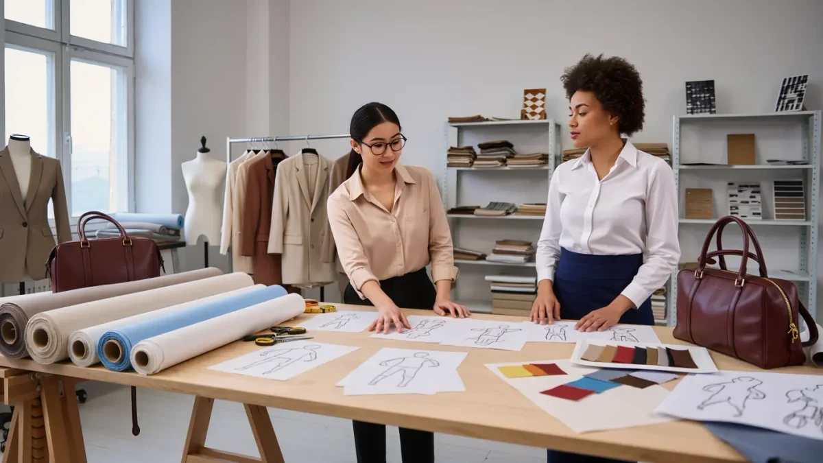 Design studio table in Milan with sketchbooks, fabric swatches and a gold Medusa-shaped paperweight