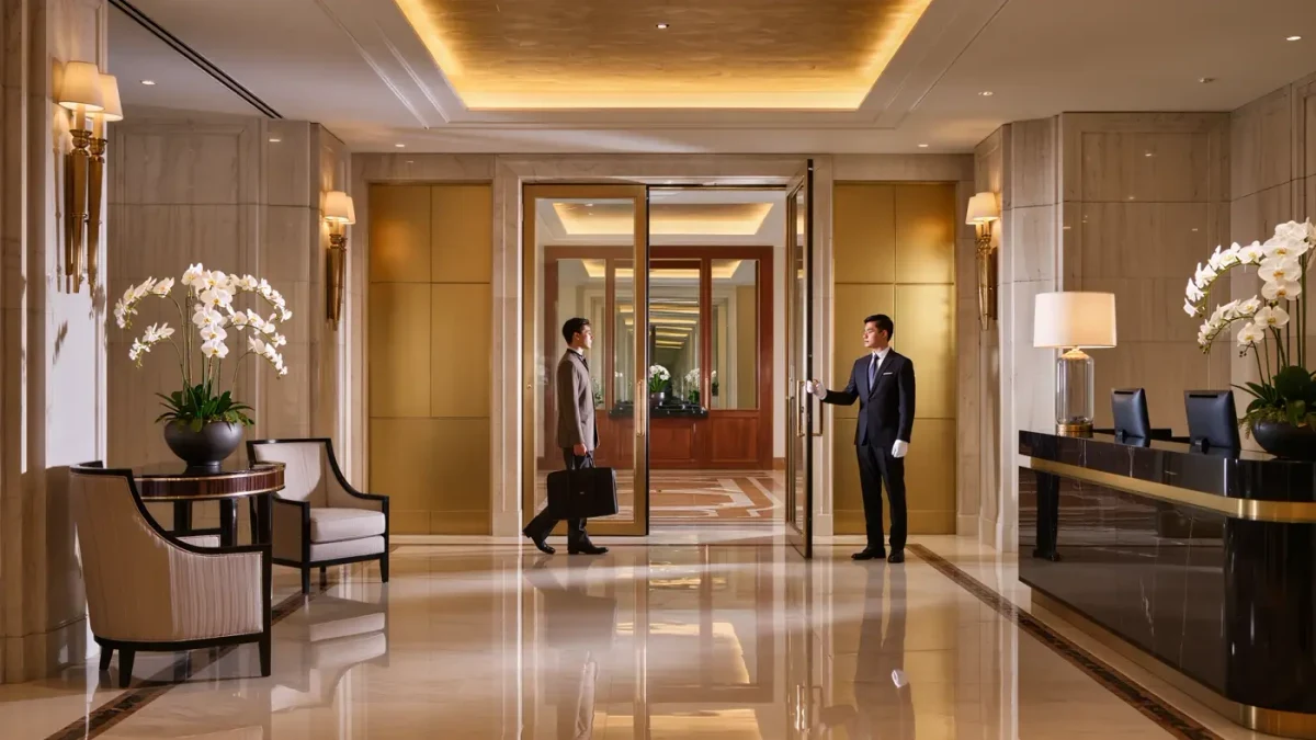 Luxury branded residence lobby with uniformed doorman