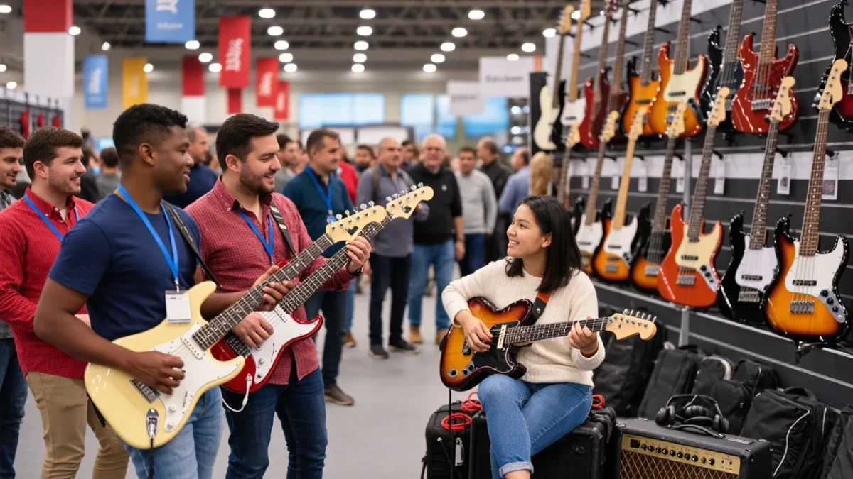 Trade show visitors trying electric guitars at a busy exhibition booth