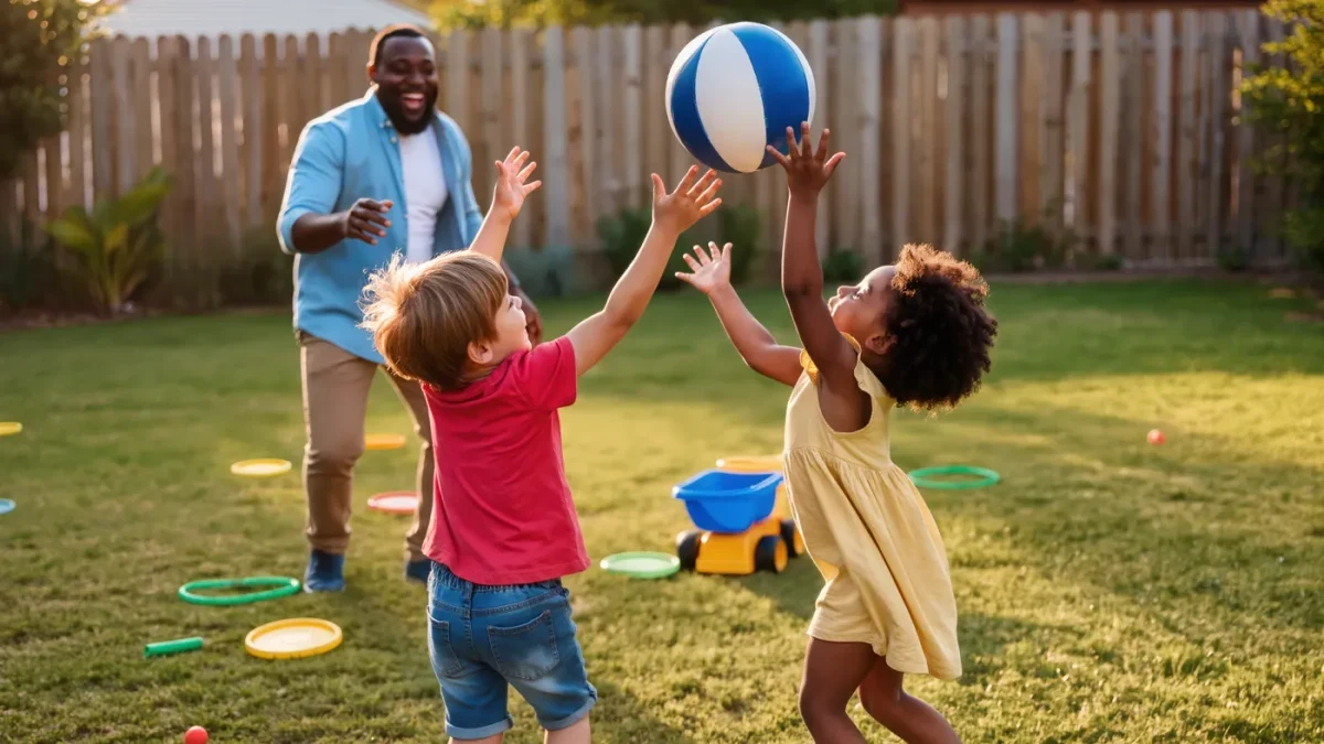 Family jumping and playing outdoors, children unrecognizable from behind