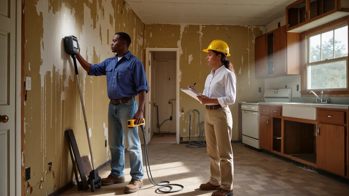 Contractor and buyer assessing water-damaged interior walls during walkthrough