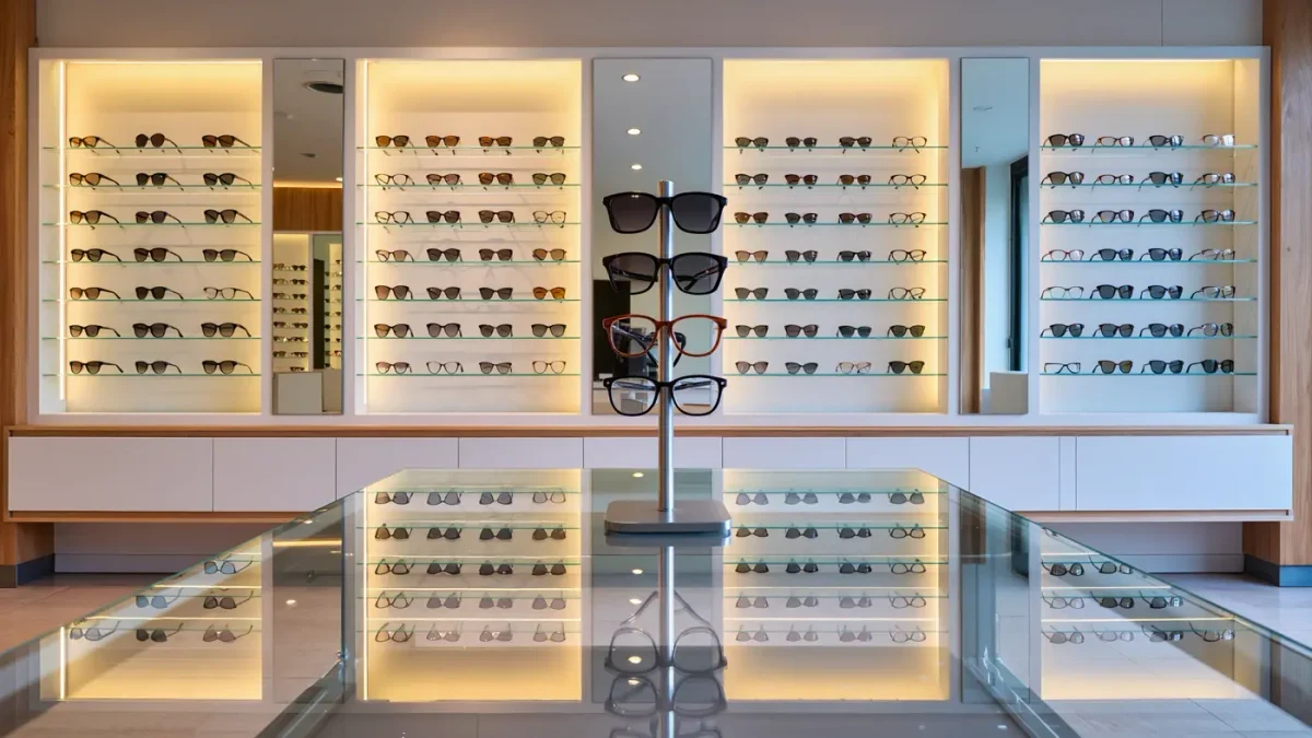 Empty optical boutique interior with rows of eyeglass frames on illuminated displays