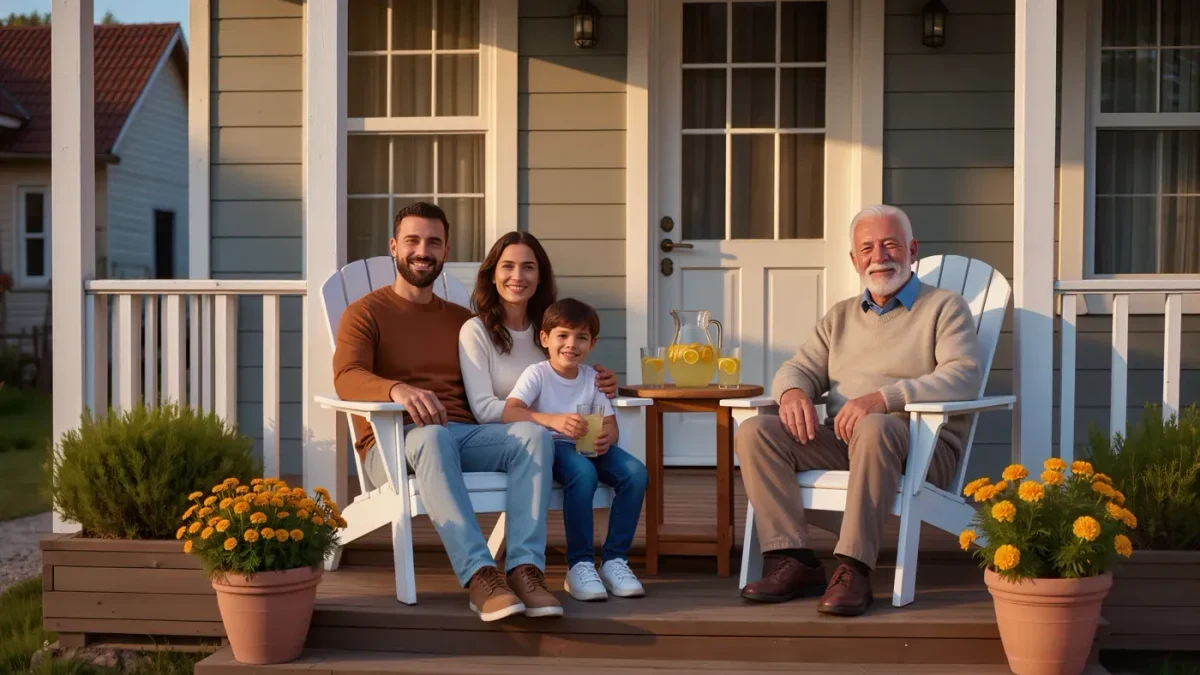 Family relaxing on porch of their suburban home