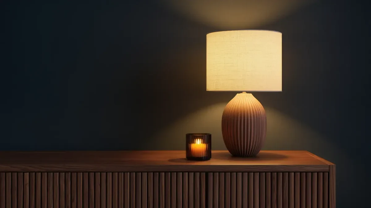 Warm glowing linen-shade lamp beside an amber candle on dark wood