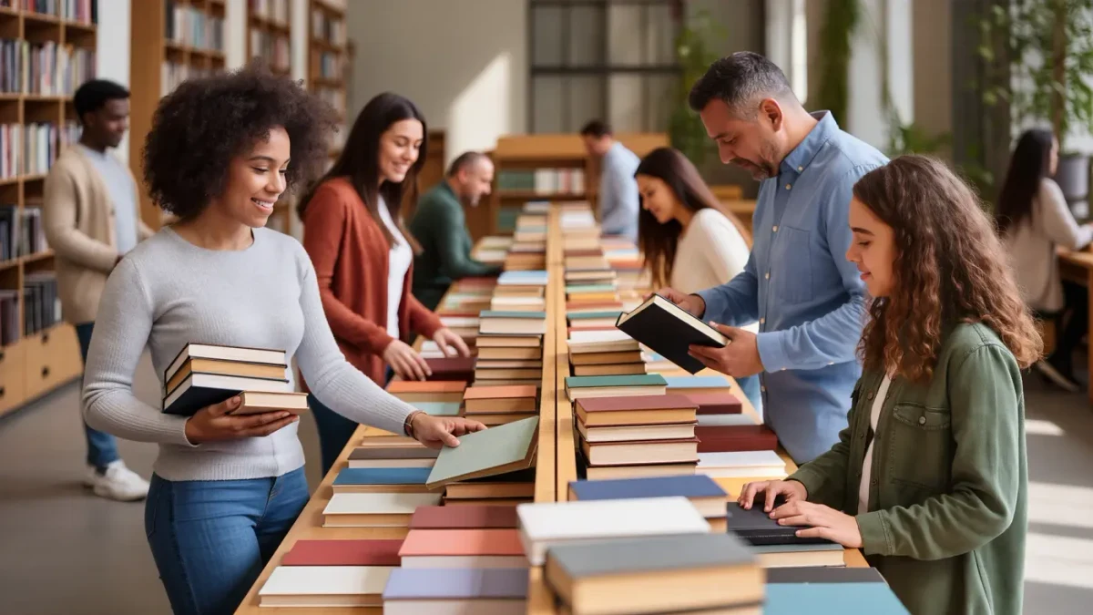 Readers browsing new prize-winning novels at a library table