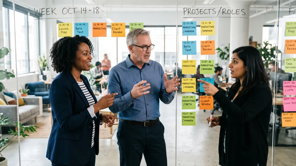 Managers reviewing a team schedule tier chart in a meeting room