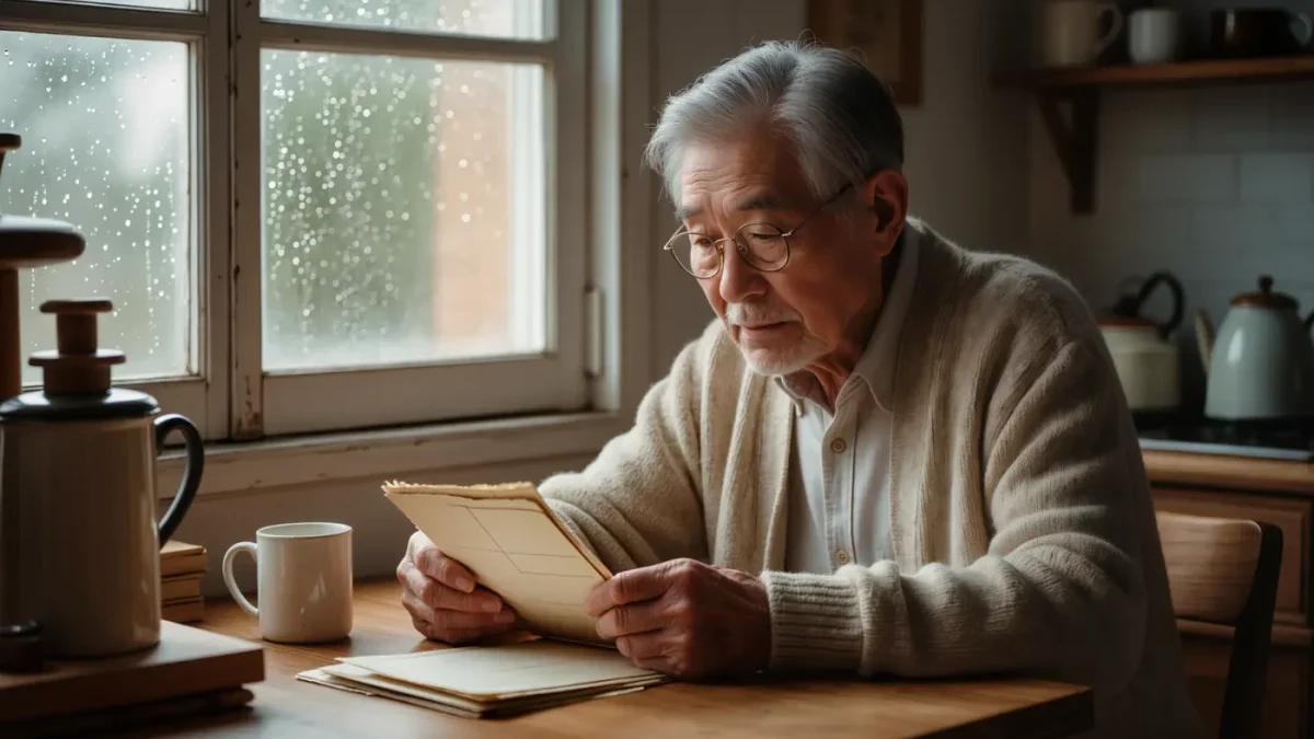 Older man reading worn letters at a kitchen table near window