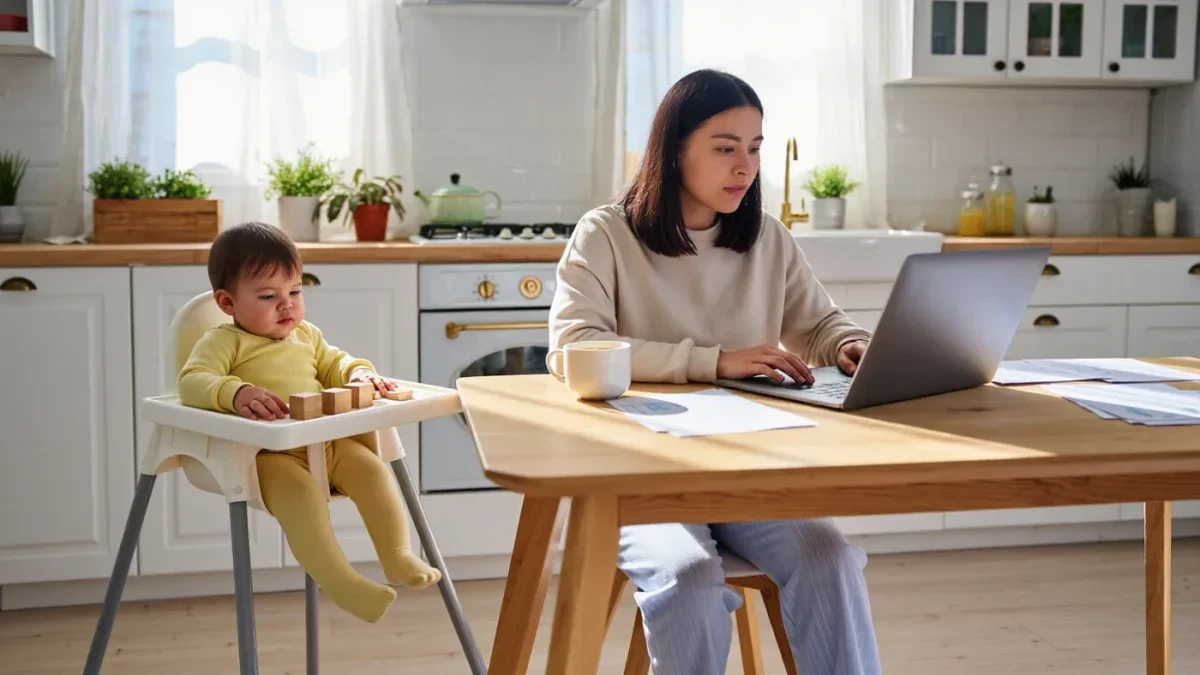 Mother reviewing retirement account options on a laptop at a sunny kitchen table