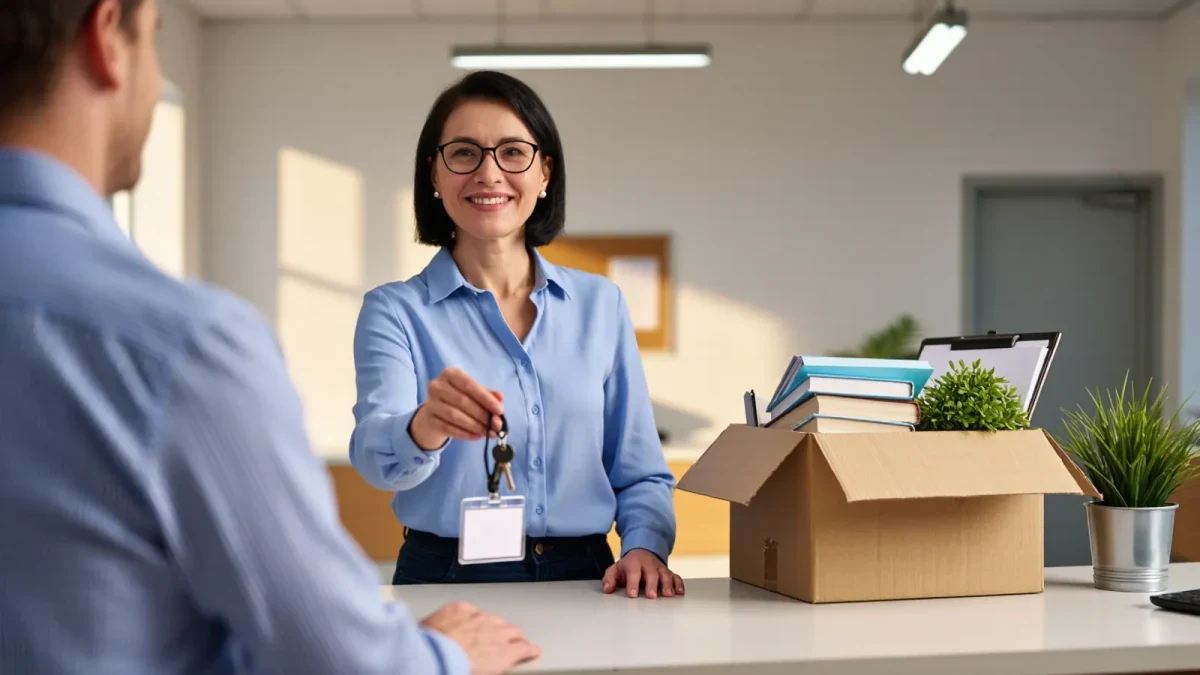 Teacher turning in keys at an empty school office counter