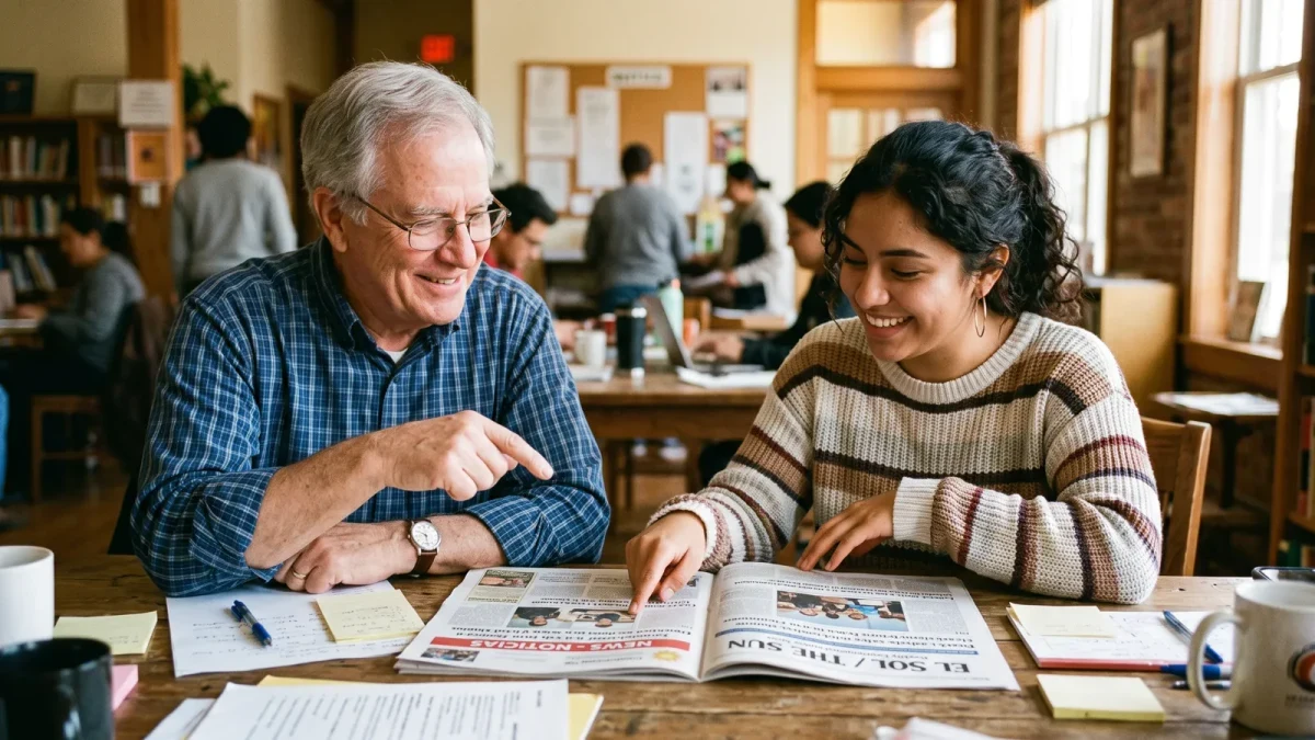 Bilingual editor and community member reviewing a printed edition together