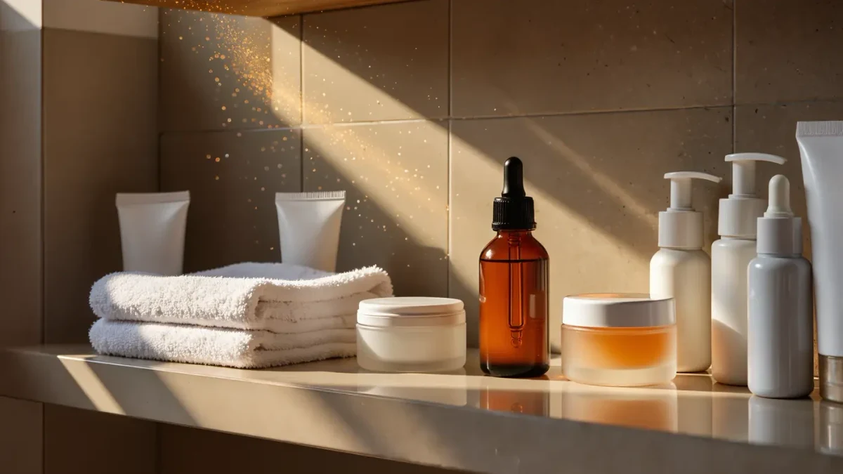 Darkened amber serum bottle on a sunlit bathroom shelf beside skincare products