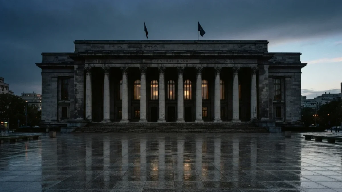 Neoclassical central bank facade at dusk with still flags