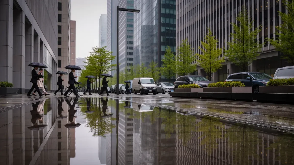 Financial district street with business commuters on a rainy spring morning