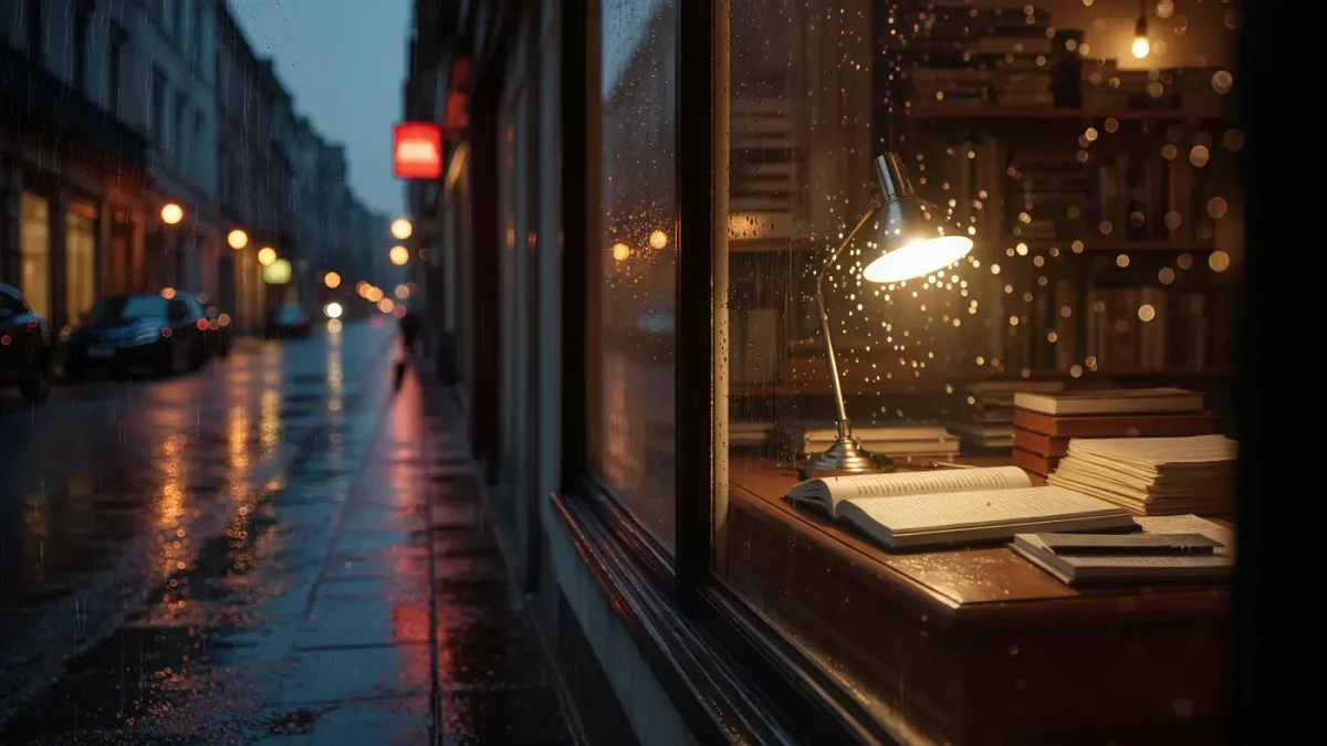 Lit writing desk seen through a rain-streaked window at night