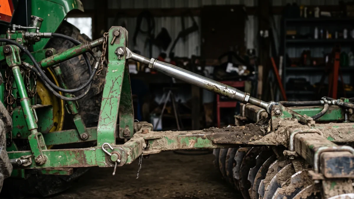 Close-up of a tractor three-point hitch connected to a tillage implement