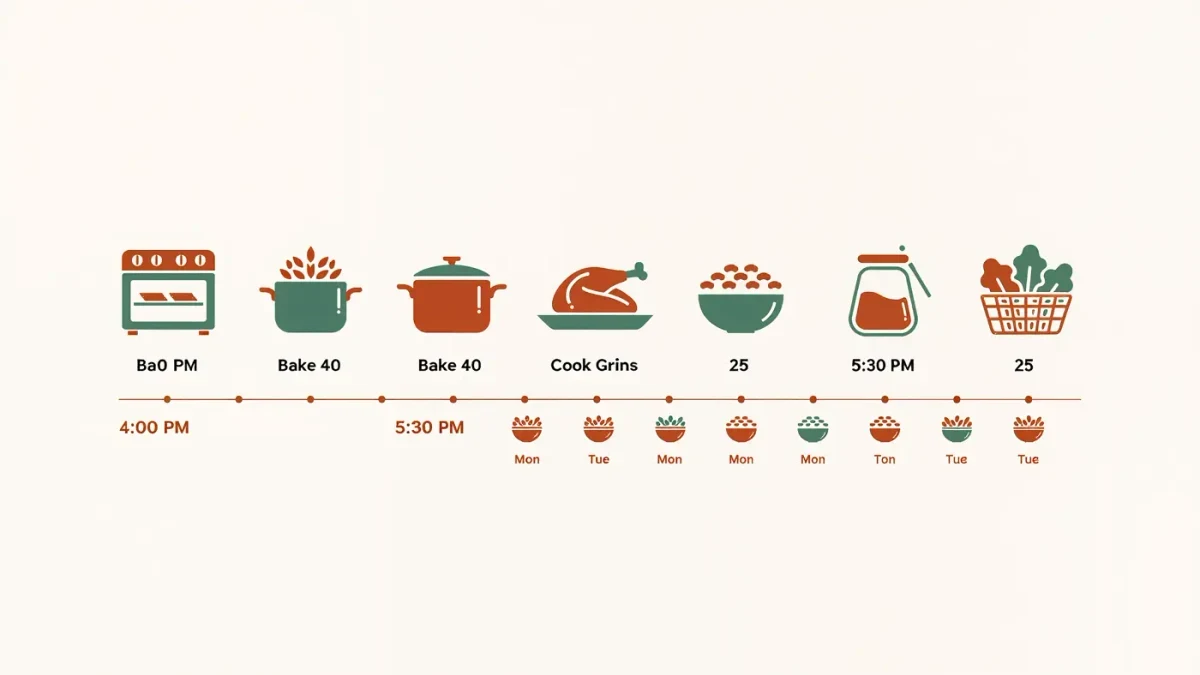 Infographic timeline of a 90-minute component meal prep session