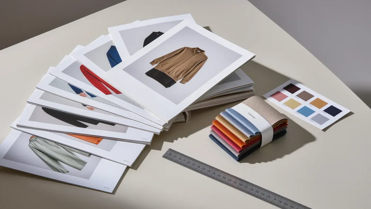 Stack of printed lookbook pages with fabric swatches on a studio table