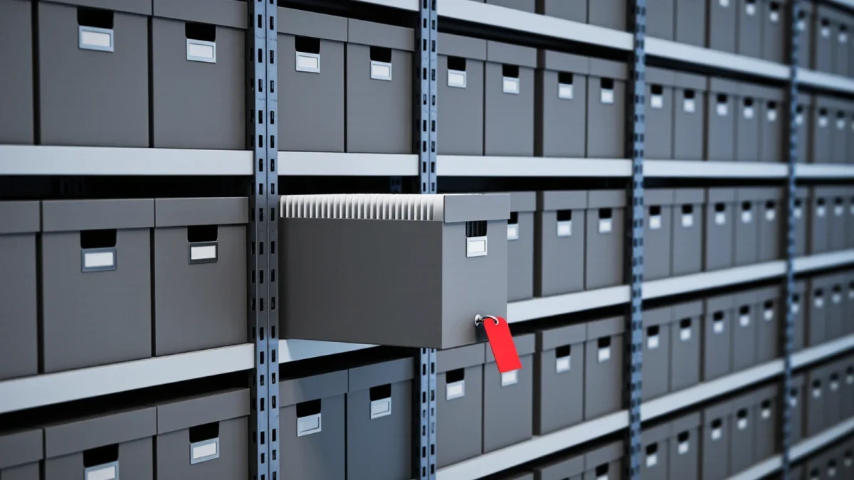 Close-up of archive boxes with retired fund filings