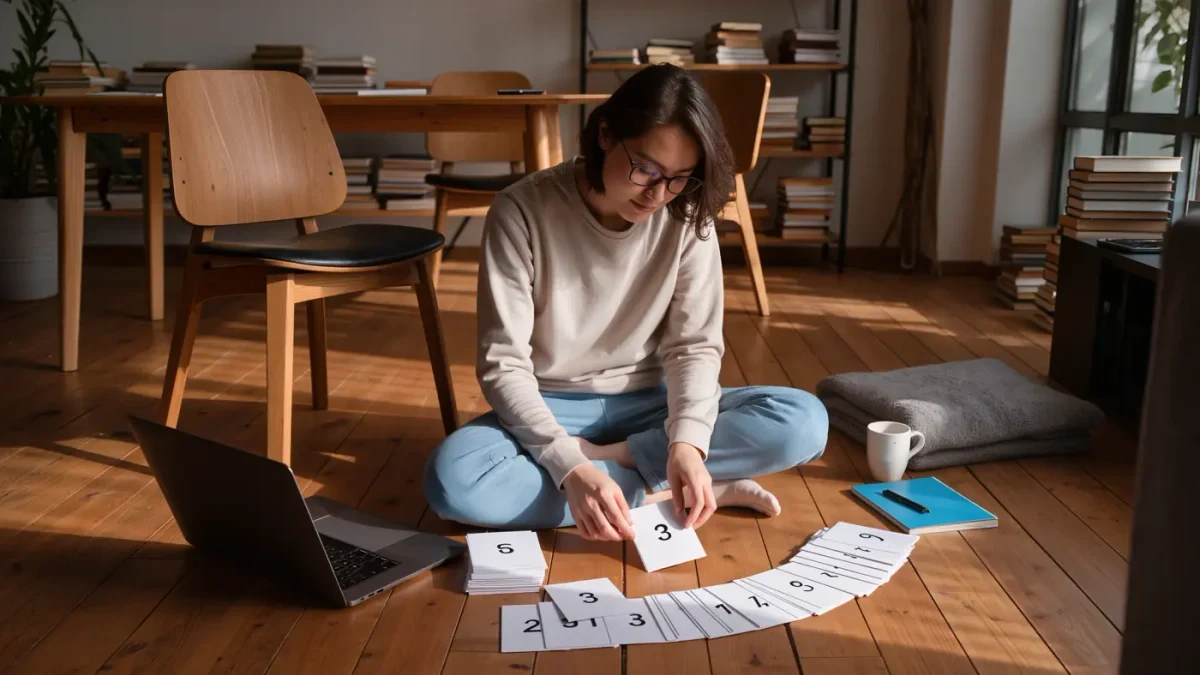 A writer sorting manuscript index cards on the floor