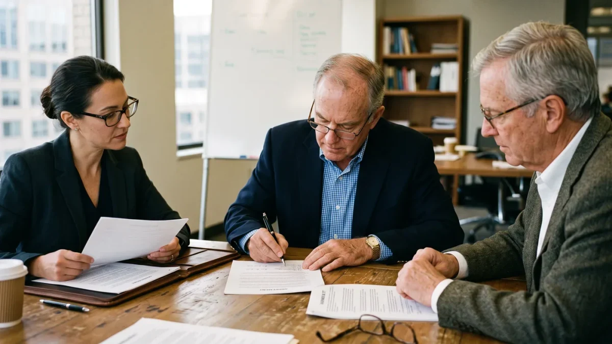 Business owner signing documents across a table from advisors