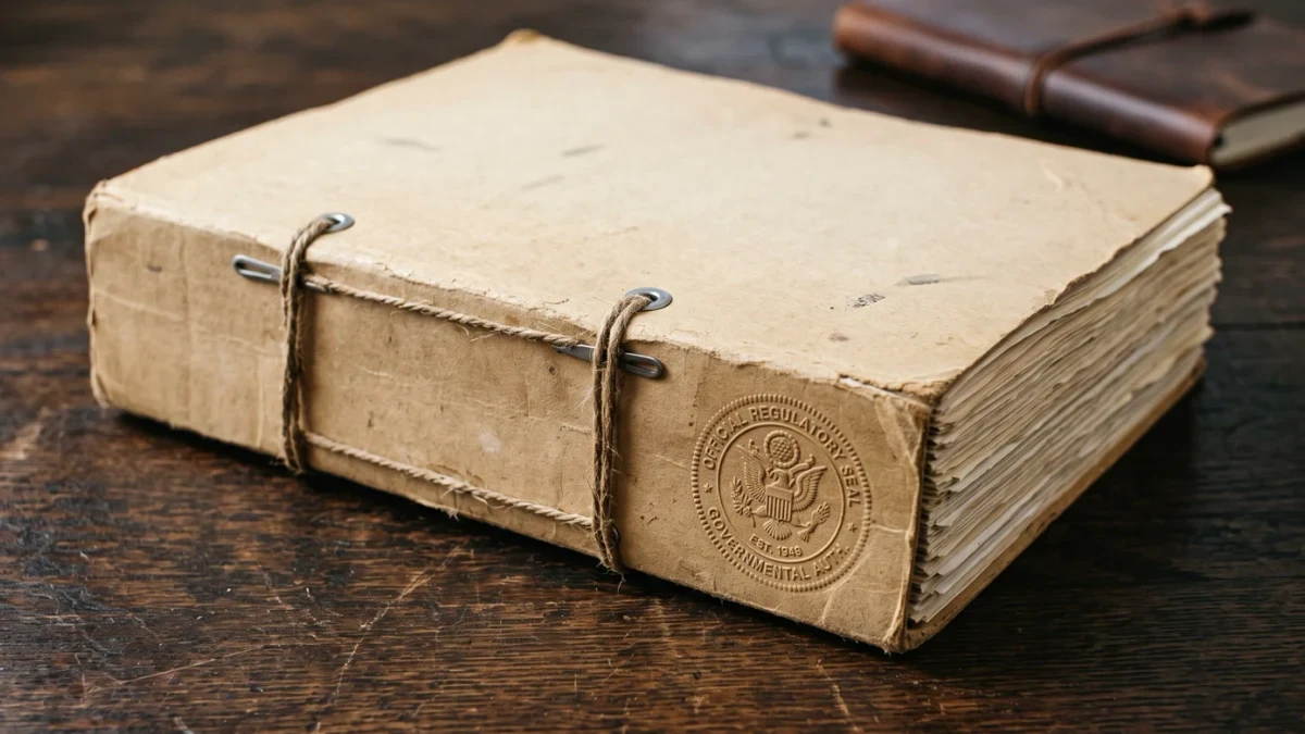 Close-up of a stamped merger review filing on a desk