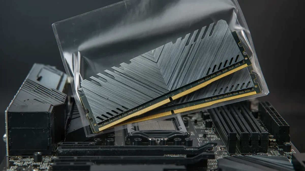 Close-up of two RAM modules held above an open desktop motherboard