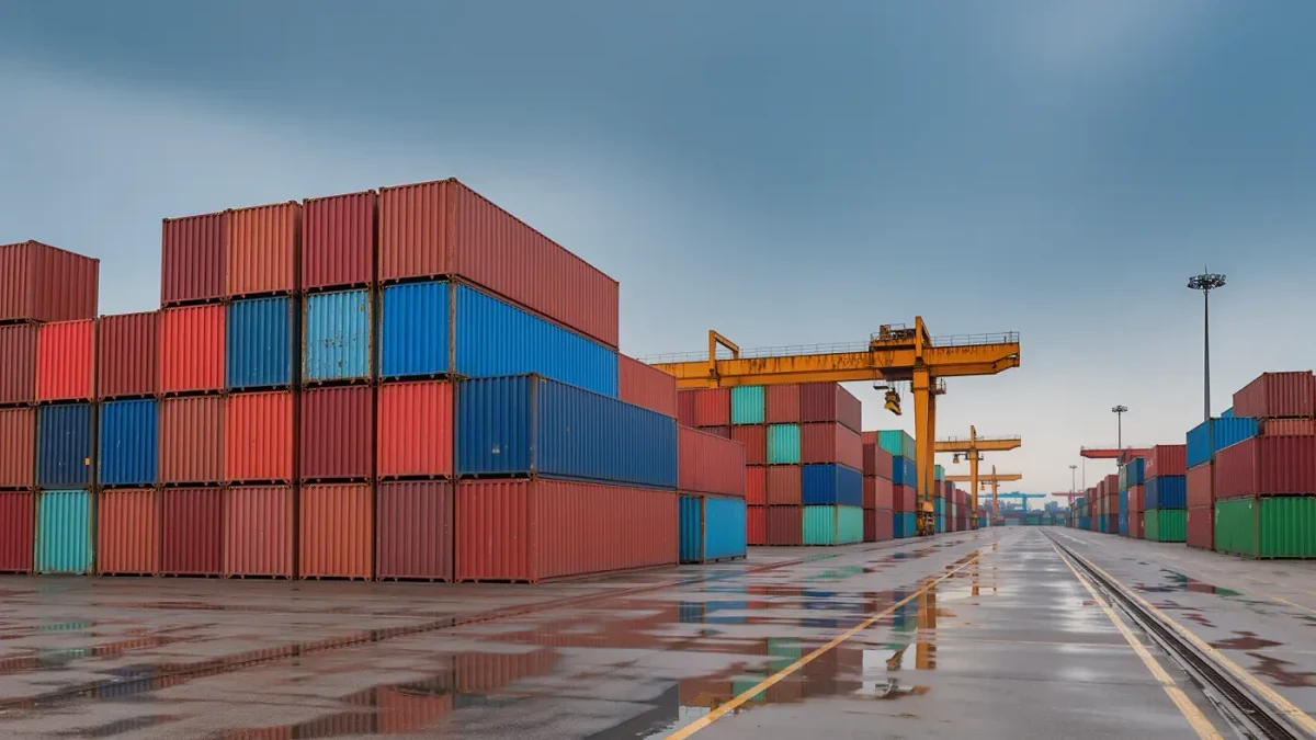 Stacked shipping containers at a port customs checkpoint