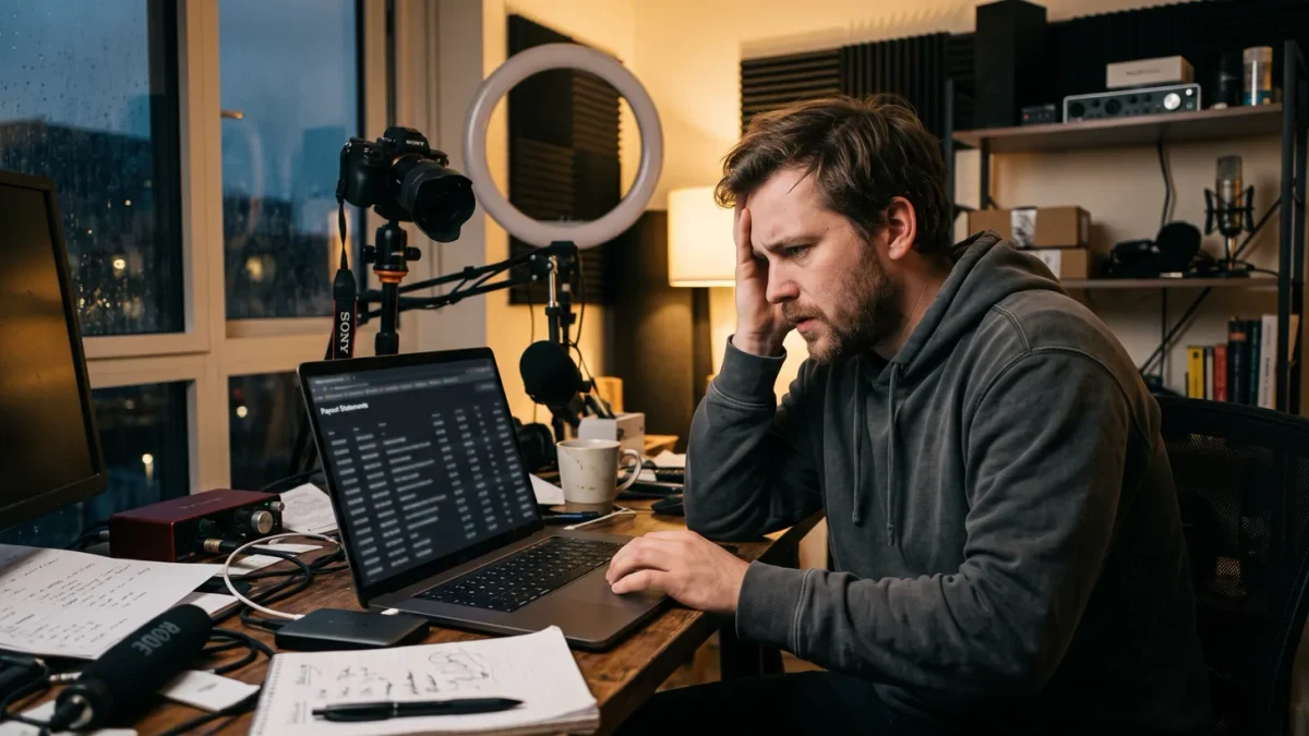 Creator reviewing declining payout statements at a desk