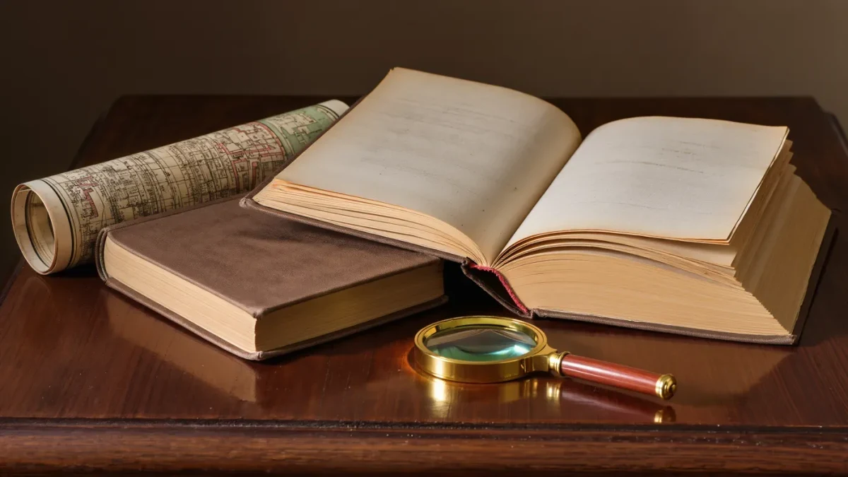 Worn historical novel lying open beside a folded antique map