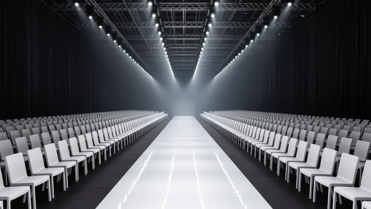 Empty fashion week runway venue with rows of white chairs and bright lights