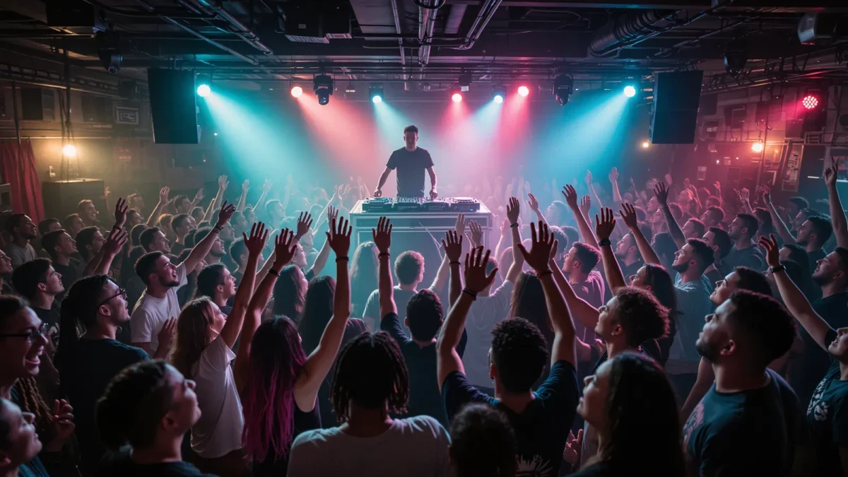 Crowd and DJ at a small local club night, colored stage lights