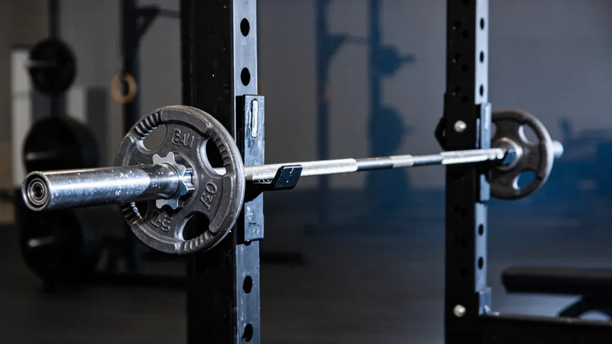 Barbell loaded with light warm-up weight on rack at dawn