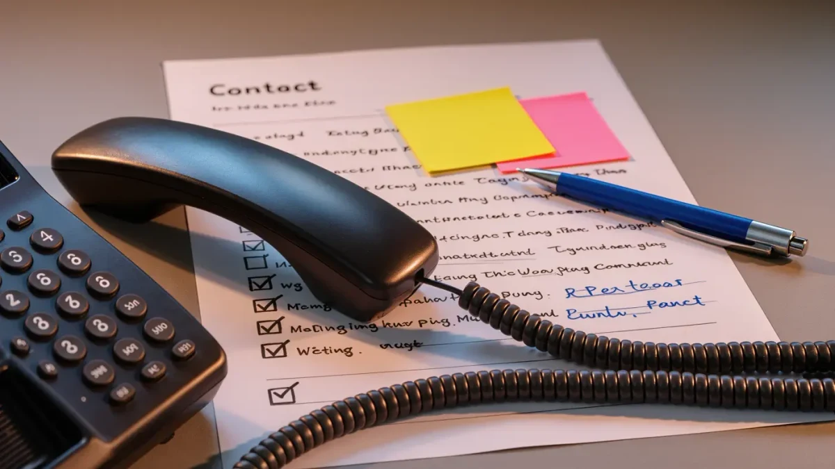 Close-up of a handset resting on a marked-up media contact list