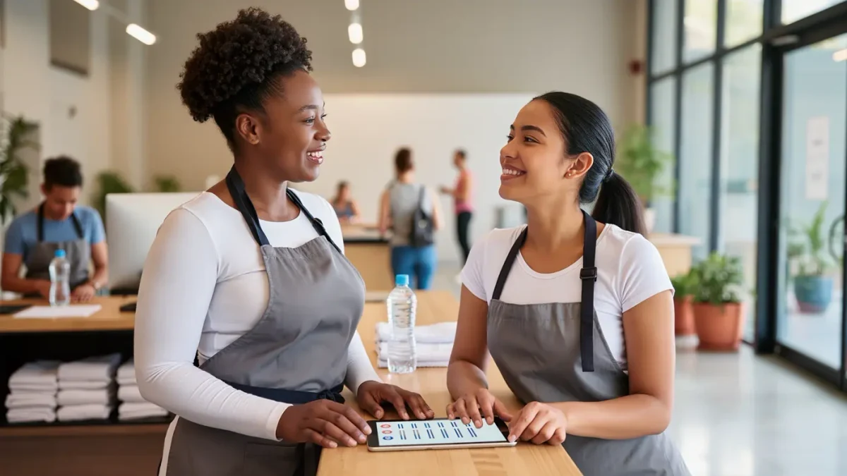 Woman franchise owner training a new hire inside a bright studio location