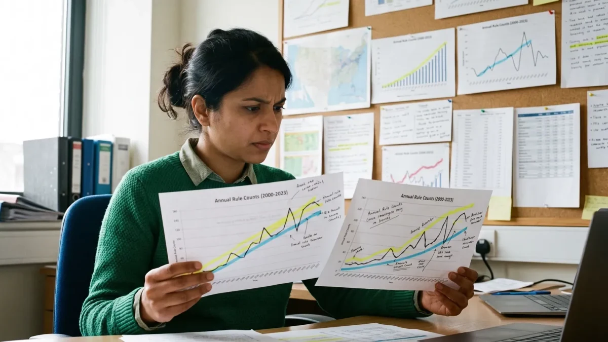 Researcher charting rule counts before and after a cost-cap policy